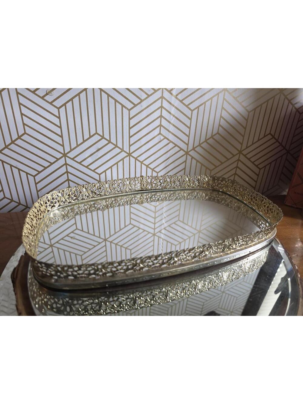 Vintage Gold Filigree Hollywood Regency Rectangle Vanity Mirror Tray 9x13